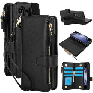 For Samsung Galaxy Z Fold7 Solid Color Wristband Wallet Folding Leather Phone Case with Lanyard(Black)