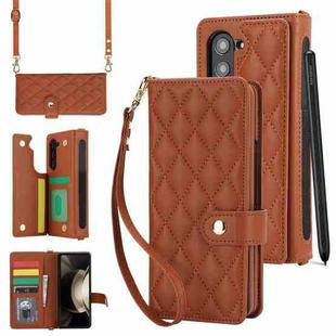 For Samsung Galaxy Z Fold7 Rhombic Texture Crossbody Multifunctional Leather Phone Case(Brown)