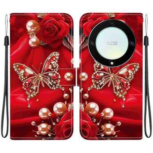 For Honor X9a Crystal Texture Colored Drawing Leather Phone Case(Pearl Butterfly Rose)