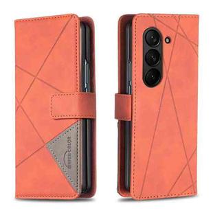 For Samsung Galaxy Z Fold6 Magnetic Buckle Rhombus Texture Leather Phone Case(Brown)