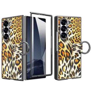 For Samsung Galaxy Z Fold6 VIETAO Leopard Print Metal Ring Leather Phone Case(Yellow)