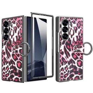 For Samsung Galaxy Z Fold6 VIETAO Leopard Print Metal Ring Leather Phone Case(Rose Red)
