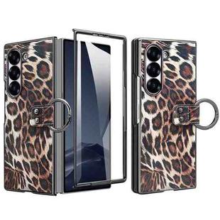 For Samsung Galaxy Z Fold6 VIETAO Leopard Print Metal Ring Leather Phone Case(Brown)