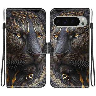 For Google Pixel 9 / Pixel 9 Pro Crystal Texture Colored Drawing Leather Phone Case(Black Gold Lion)