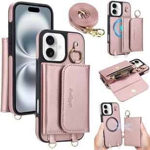 For iPhone 16 Plus AwQuer 2 in 1 Crossbody Wallet Leather Back Phone Case(Rose Gold)