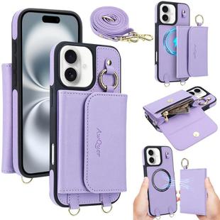 For iPhone 16 AwQuer 2 in 1 Crossbody Wallet Leather Back Phone Case(Light Purple)