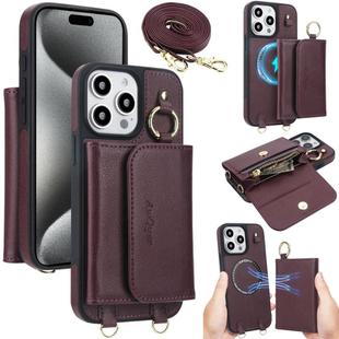 For iPhone 15 Pro AwQuer 2 in 1 Crossbody Wallet Leather Back Phone Case(Wine Red)