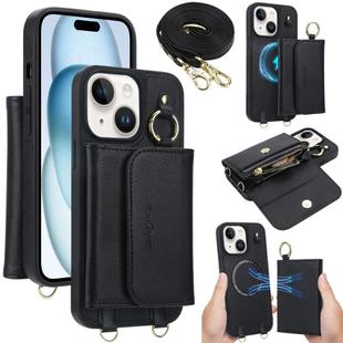 For iPhone 15 Plus AwQuer 2 in 1 Crossbody Wallet Leather Back Phone Case(Black)
