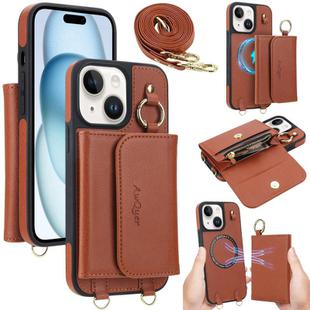 For iPhone 15 Plus AwQuer 2 in 1 Crossbody Wallet Leather Back Phone Case(Brown)