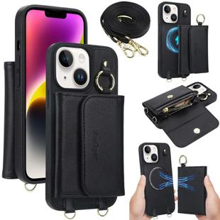 For iPhone 14 Plus AwQuer 2 in 1 Crossbody Wallet Leather Back Phone Case(Black)