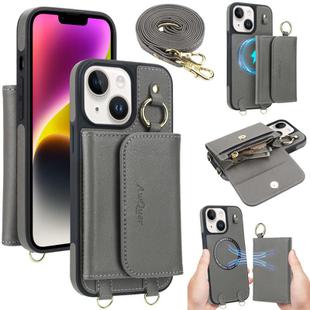 For iPhone 14 Plus AwQuer 2 in 1 Crossbody Wallet Leather Back Phone Case(Grey)