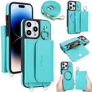 For iPhone 14 Pro Max AwQuer 2 in 1 Crossbody Wallet Leather Back Phone Case(Light Green)