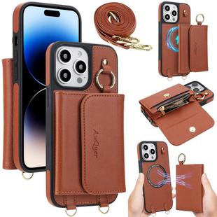 For iPhone 14 Pro Max AwQuer 2 in 1 Crossbody Wallet Leather Back Phone Case(Brown)