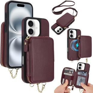 For iPhone 16 AwQuer 2 in 1 Crossbody Wallet Leather Back Phone Case(Wine Red)