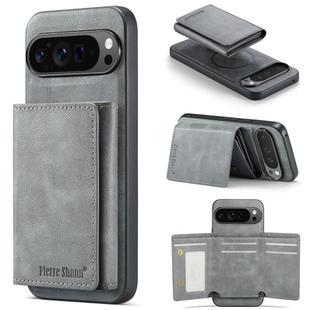 For Google Pixel 9 Pro XL Fierre Shann 2 in 1 Holder RFID Card Slot Wallet MagSafe Phone Case(Grey)