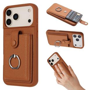 For iPhone 17 Pro Max Litchi Texture Drawing Card Bag Ring Holder Phone Case(Brown)