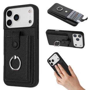 For iPhone 17 Pro Max Litchi Texture Drawing Card Bag Ring Holder Phone Case(Black)