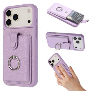 For iPhone 17 Pro Max Litchi Texture Drawing Card Bag Ring Holder Phone Case(Purple)