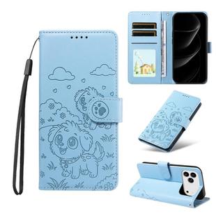 For iPhone 17 Pro Max Embossed Heart Dog RFID Blocking Wallet Leather Phone Case(Sky Blue)