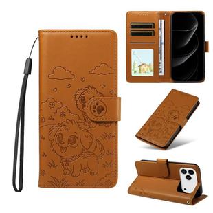 For iPhone 17 Pro Max Embossed Heart Dog RFID Blocking Wallet Leather Phone Case(Brown)