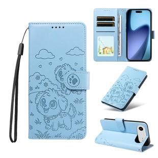 For iPhone 17 Air Embossed Heart Dog RFID Blocking Wallet Leather Phone Case(Sky Blue)