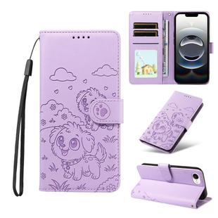 For iPhone 16e Embossed Heart Dog RFID Blocking Wallet Leather Phone Case(Purple)