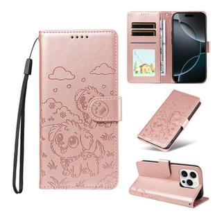 For iPhone 16 Pro Max Embossed Heart Dog RFID Blocking Wallet Leather Phone Case(Rose Gold)