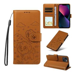 For iPhone 14 Plus Embossed Heart Dog RFID Blocking Wallet Leather Phone Case(Brown)