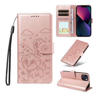 For iPhone 13 mini Embossed Heart Dog RFID Blocking Wallet Leather Phone Case(Rose Gold)