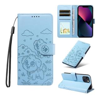 For iPhone 13 mini Embossed Heart Dog RFID Blocking Wallet Leather Phone Case(Sky Blue)