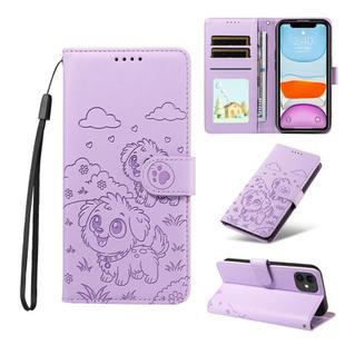 For iPhone 11 Embossed Heart Dog RFID Blocking Wallet Leather Phone Case(Purple)