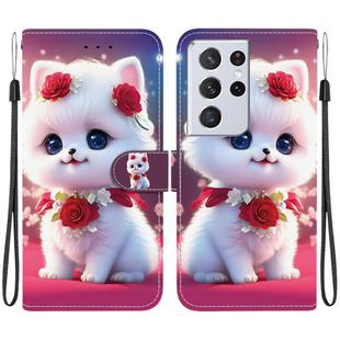 For Samsung Galaxy S21 Ultra 5G Crystal Texture Colored Drawing Leather Phone Case(Rose Cat)
