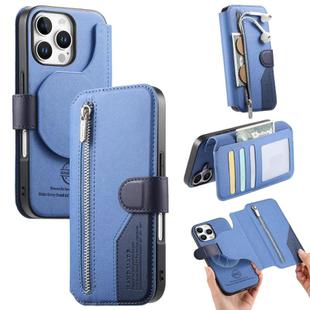 For iPhone 16 Pro Max Twill Fabric MagSafe RFID Anti-theft Zipper Wallet Leather Phone Case(Dark Blue)
