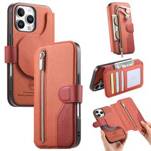 For iPhone 16 Pro Max Twill Fabric MagSafe RFID Anti-theft Zipper Wallet Leather Phone Case(Orange)