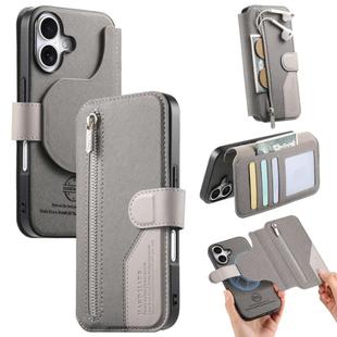 For iPhone 16 Plus Twill Fabric MagSafe RFID Anti-theft Zipper Wallet Leather Phone Case(Grey)
