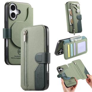 For iPhone 16 Plus Twill Fabric MagSafe RFID Anti-theft Zipper Wallet Leather Phone Case(Green)