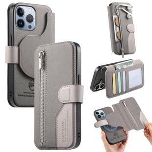 For iPhone 12 Pro Max Twill Fabric MagSafe RFID Anti-theft Zipper Wallet Leather Phone Case(Grey)