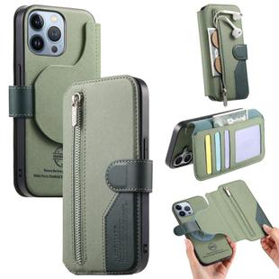 For iPhone 12 Pro Max Twill Fabric MagSafe RFID Anti-theft Zipper Wallet Leather Phone Case(Green)