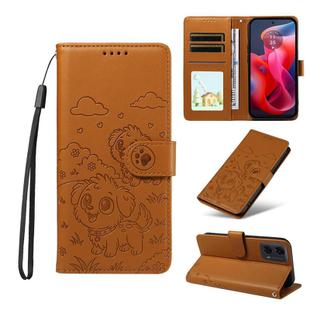 For Motorola Moto G04 / G24 / E14 Embossed Heart Dog RFID Blocking Wallet Leather Phone Case(Brown)