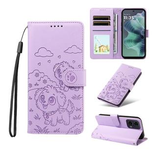 For Motorola Moto G35 5G Embossed Heart Dog RFID Blocking Wallet Leather Phone Case(Purple)