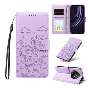 For Realme 13+ 5G Global Embossed Heart Dog RFID Blocking Wallet Leather Phone Case(Purple)