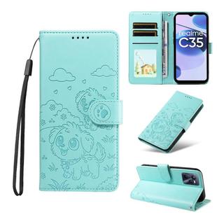 For Realme C35 4G / Narzo 50A Prime Embossed Heart Dog RFID Blocking Wallet Leather Phone Case(Green)