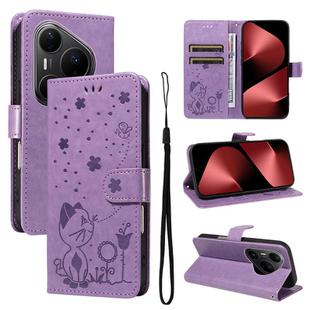For Huawei Pura 80 Pro 5G Cat and Bee Embossed Flip Leather Phone Case(Purple)