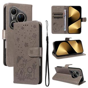 For Huawei Pura 80 Ultra 5G Cat and Bee Embossed Flip Leather Phone Case(Grey)