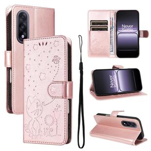 For OnePlus ACE 5 Ultra Cat and Bee Embossed Flip Leather Phone Case(Rose Gold)