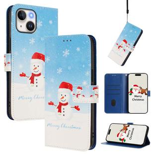 For iPhone 13 mini Christmas Series Buckle Leather Phone Case with Hand Strap(Snowflake Snowman)