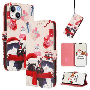 For iPhone 15 Christmas Series Buckle Leather Phone Case with Hand Strap(Christmas Animals)