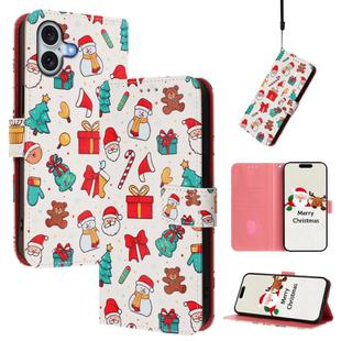 For iPhone 16 Plus Christmas Series Buckle Leather Phone Case with Hand Strap(Christmas Elements)