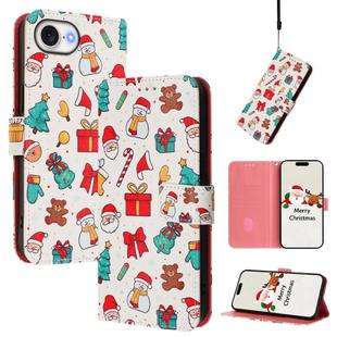 For iPhone 16e Christmas Series Buckle Leather Phone Case with Hand Strap(Christmas Elements)