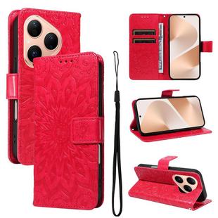 For Huawei Pura 80 5G Embossed Sunflower Pattern Flip Leather Phone Case(Red)
